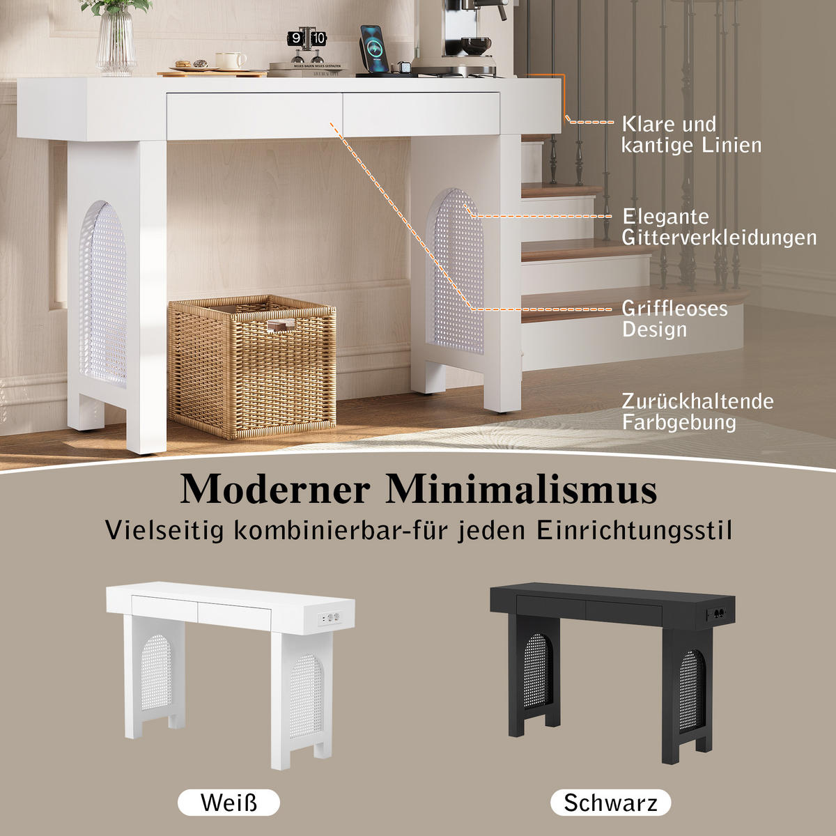 KONSOLENTISCH 120/35,5/76,5 cm Weiß aus MDF mit 2 Schubladen und Steckdosenleiste - Weiß, Holzwerkstoff (120/35.5/76.5cm) - OKWISH