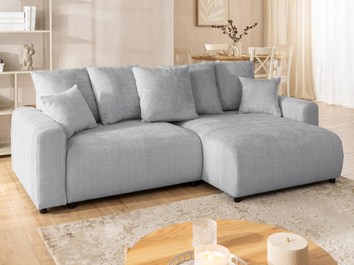 ECKSOFA Calma mit Schlaffunktion und Bettkasten im Bumpy-Design aus weichem Hellgrau Chenille-Stoff - Ottomane rechts - Beige/Hellgrau, Holz/Kunststoff (239/140cm) - S-Style Möbel