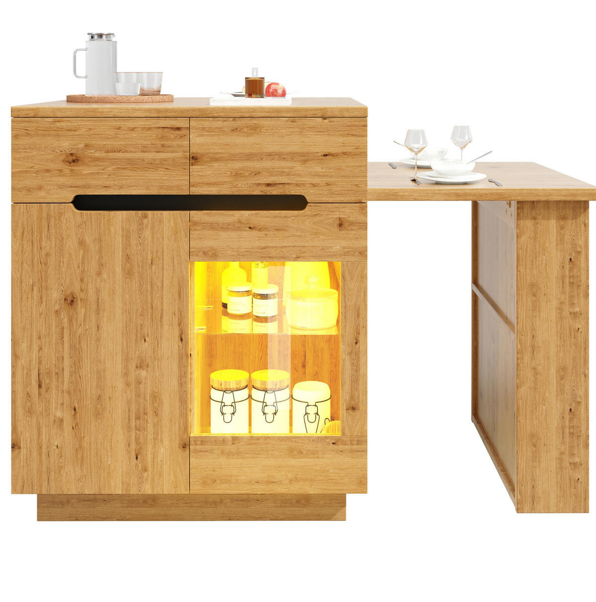 KÜCHENINSEL 122-195/70/93,5 cm Holzoptik mit ausziehbarer Tischplatte und LED aus MDF - Braun, Holzwerkstoff (122/93.5/70cm) - OKWISH
