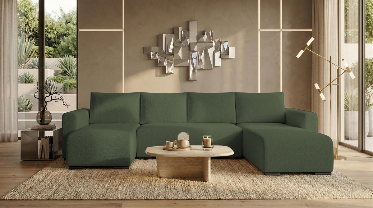 WOHNLANDSCHAFT DORA U mit Bettkasten und Schlaffunktion, U-Form, bequem - Grün, Textil (305/85/140cm) - Storez24