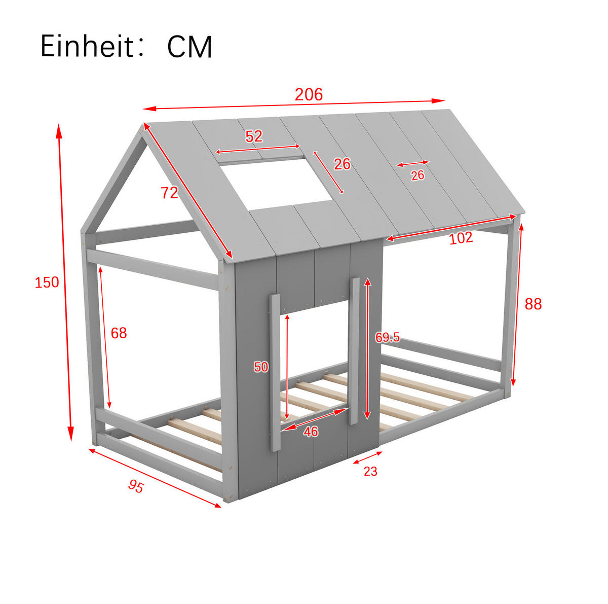 DOMČEKOVÁ posteľ 90/200 cm sivá s oknom a strechou z borovice a MDF - sivá, kompozitné drevo (90/200cm) - OKWISH