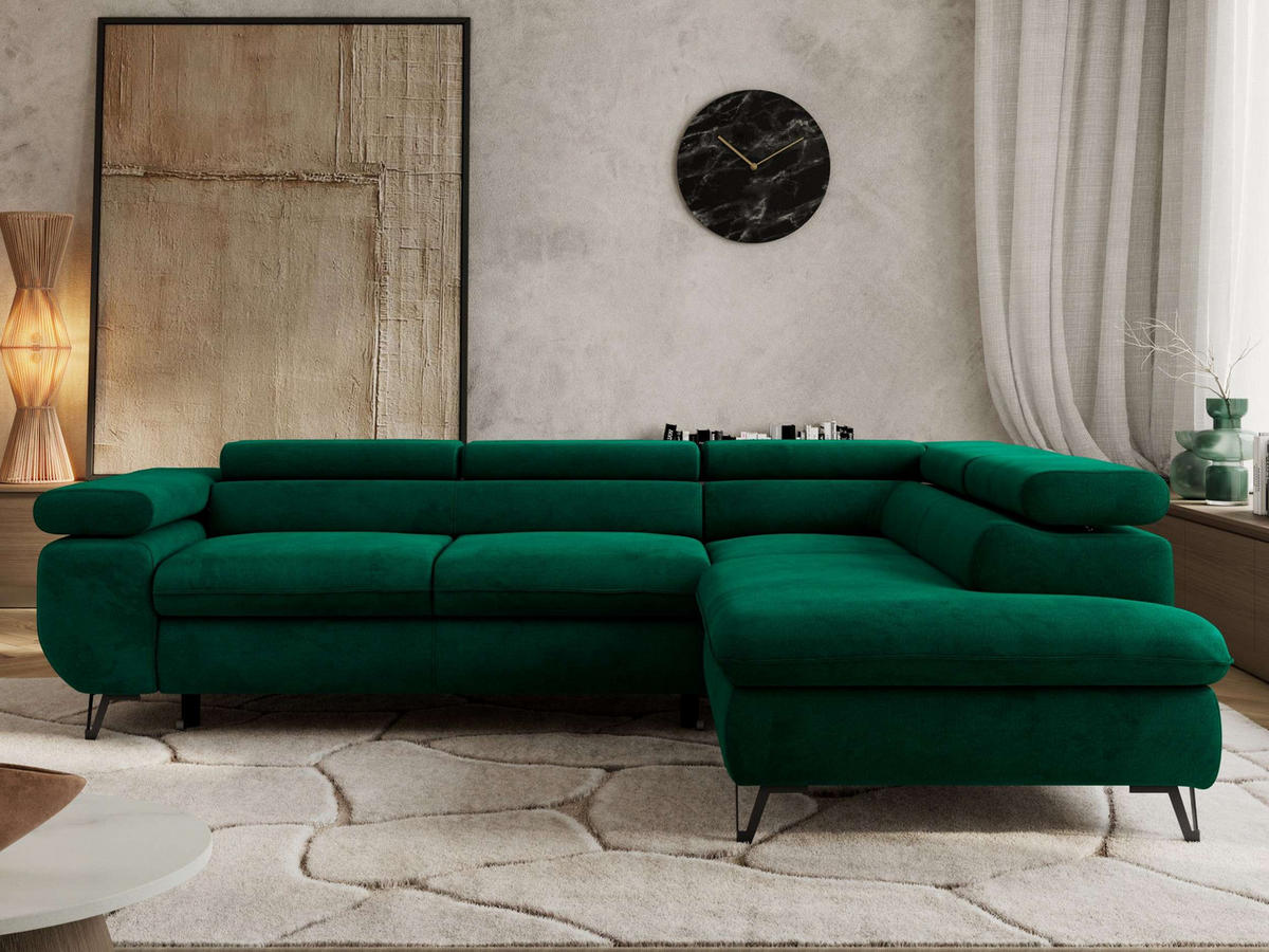 ECKSOFA PABLO L Dunkelgrün Velvet - Rechts Seite mit T25 Topper - Dunkelgrün/Schwarz, Textil/Metall (273/208cm) - MKS