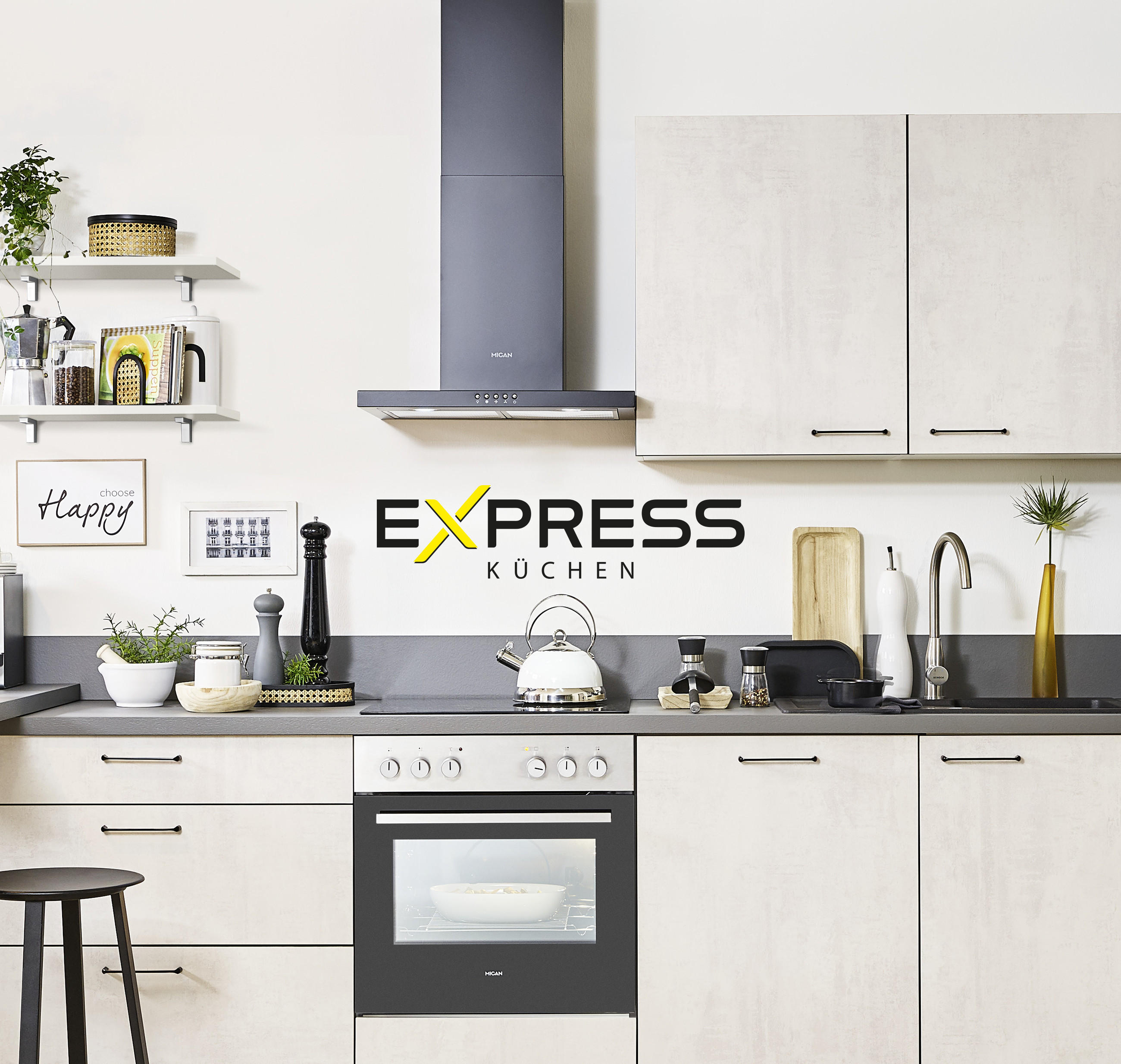 Küchenblock von EXPRESS Küchen in Anthrazit und Hellgrau und mittig platziertem Markenlogo.