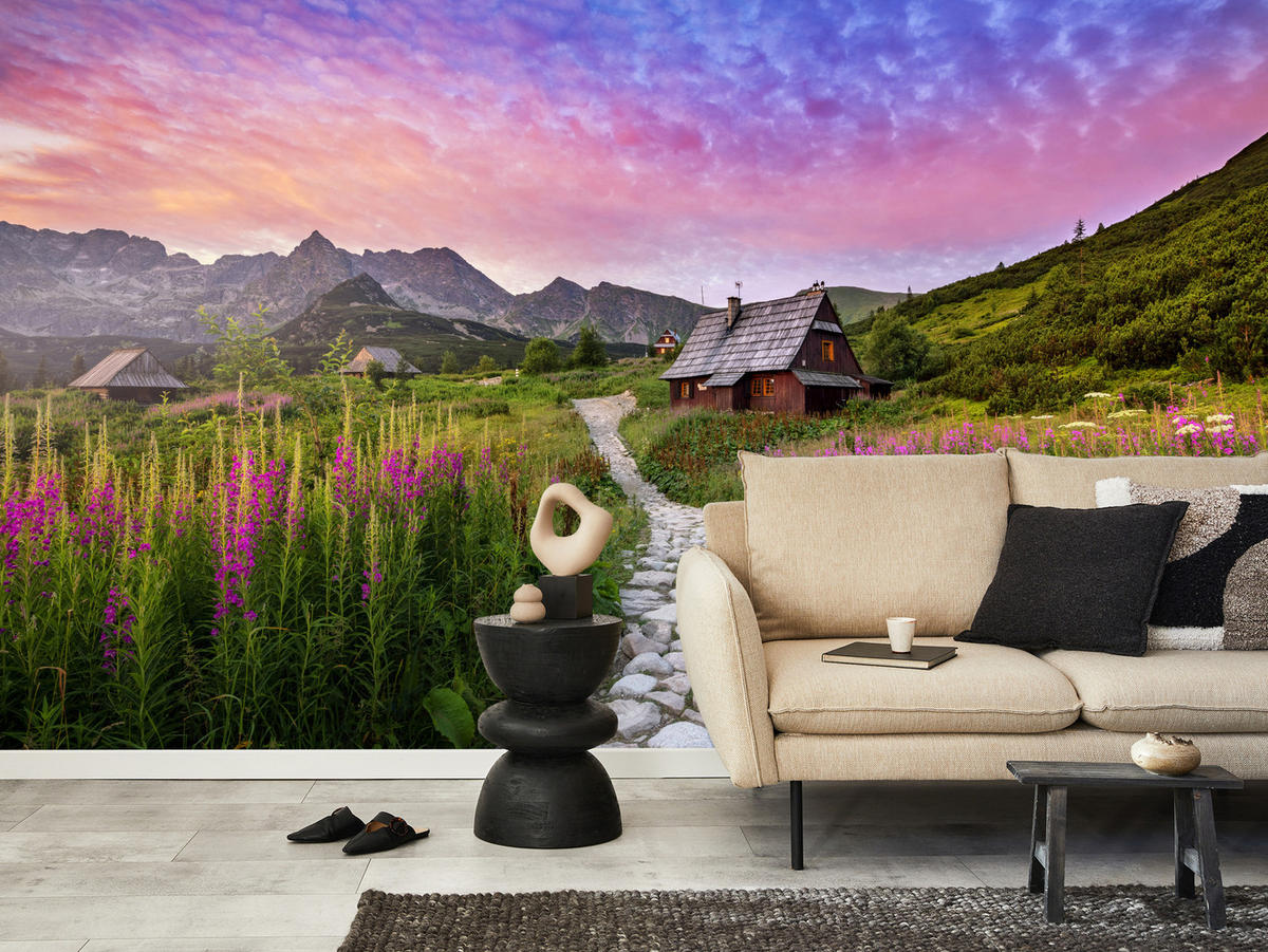 FOTOTAPETE für Schlafzimmer Berglandschaft Holzchalet Natur 150x105 - Beige/Violett, Papier (150/105cm) - Muralo