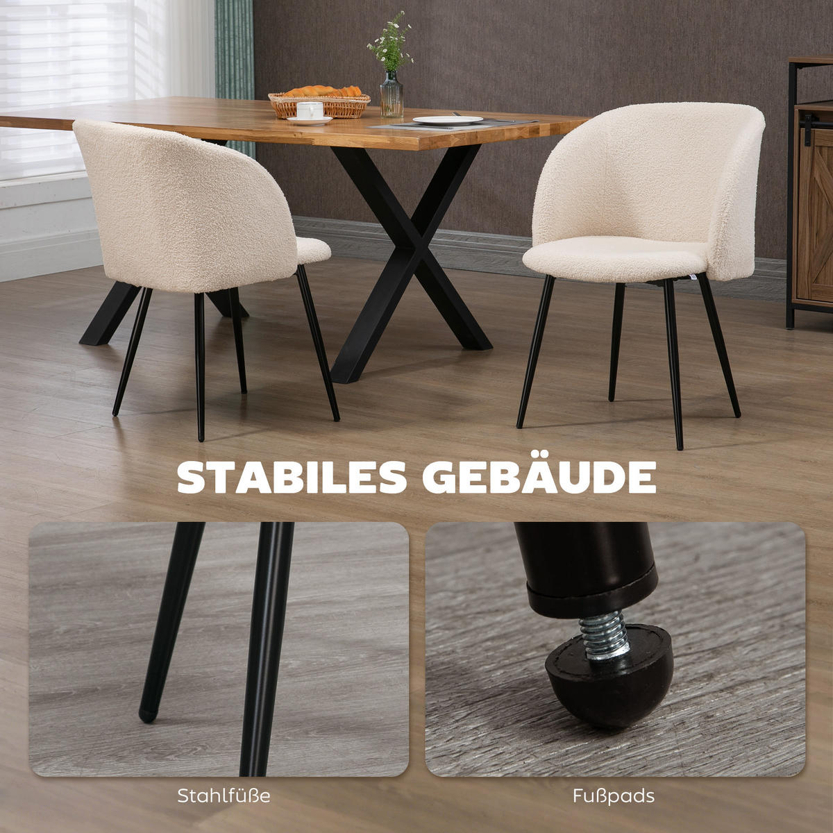 ESSZIMMERSTÜHLE 2er Set Küchenstuhl mit Ergonomisch Rückenlehne, Lammwoll-Optik - Creme/Schwarz, Textil/Metall (62/80/55cm) - HOMCOM