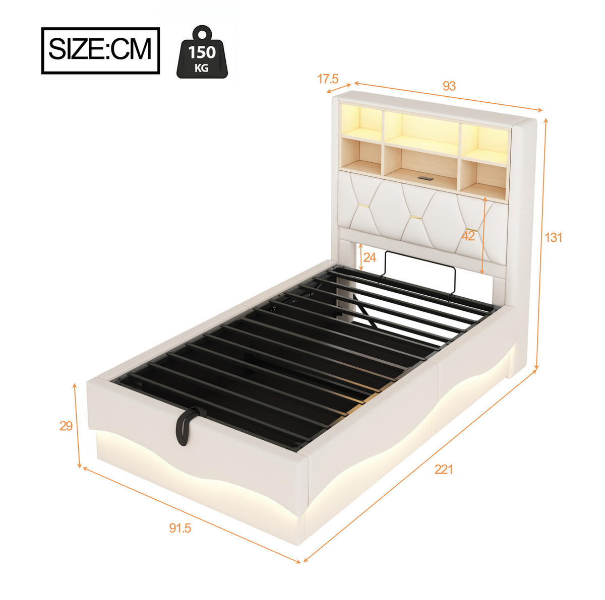KINDERBETT 90/200 cm in Beige mit Stauraum, LED-Beleuchtung und USB-Anschluss - Beige, Metall (90/200cm) - Flora Grace