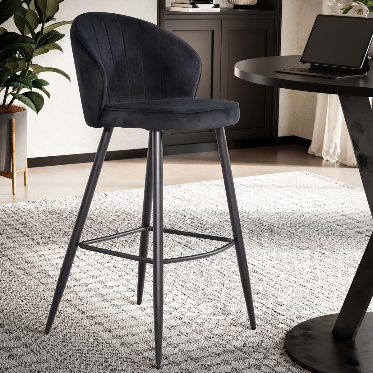 BARHOCKER Samt Lehne Skandi-Stil Stoff Metall Gepolstert, Schwarz 53x56x103 cm - Schwarz, Textil/Metall (53/103/56cm) - KADIMA DESIGN