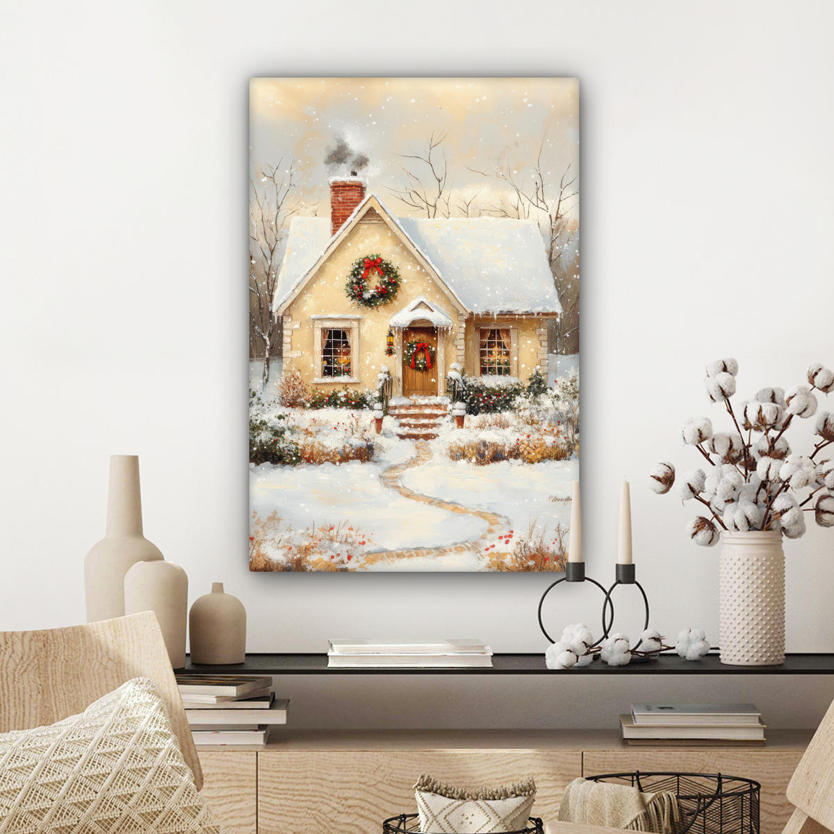 LEINWANDBILD Weihnachten - Zuhause - Winter - Schnee Wanddeko Schlafzimmer 60x90 cm - Creme, Textil (60/90cm) - MuchoWow