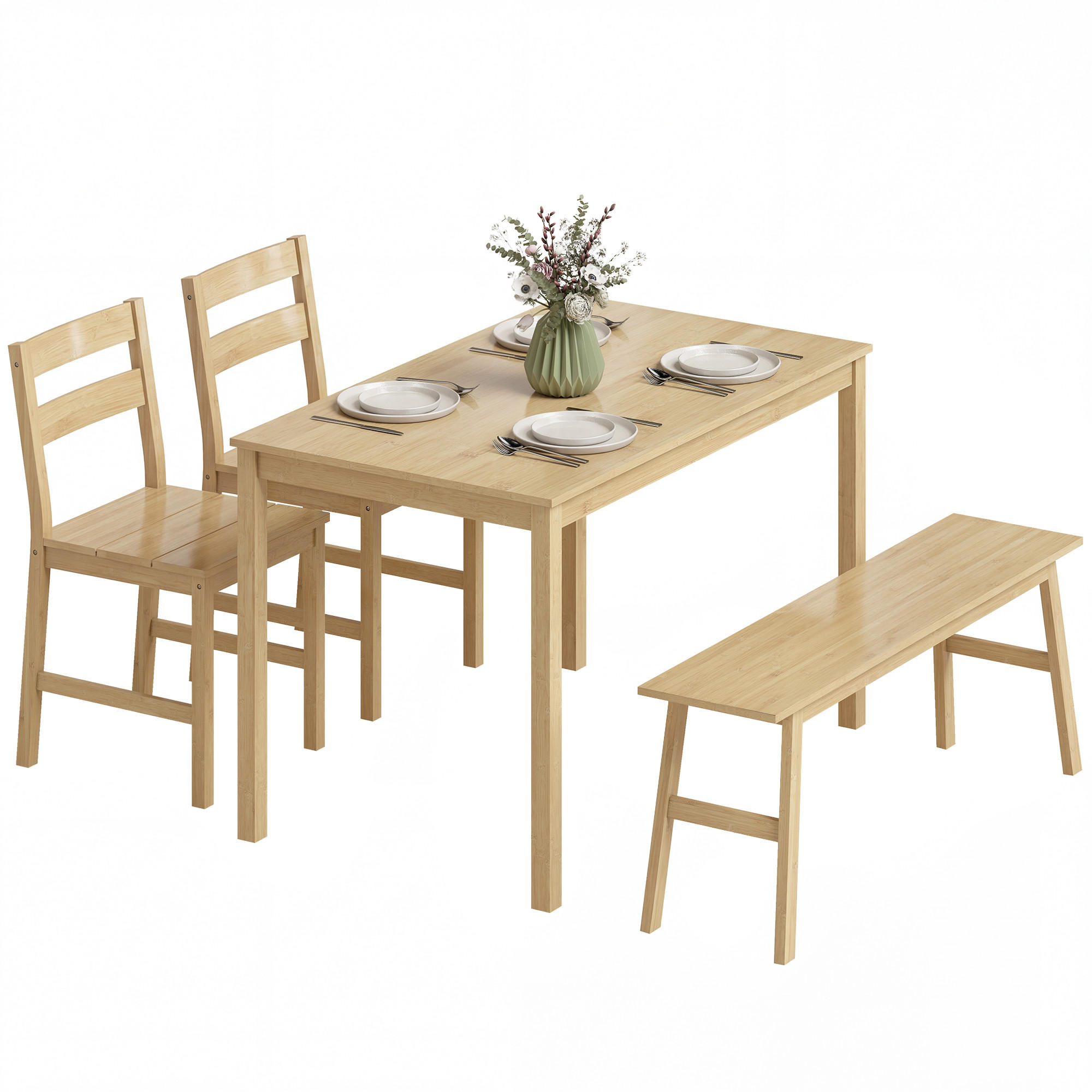 ESSGRUPPE aus Bambus, Esstisch mit 2 Stühlen und Bank für 4 Personen, Naturholz - Naturfarben, Holz (118/74/70cm)