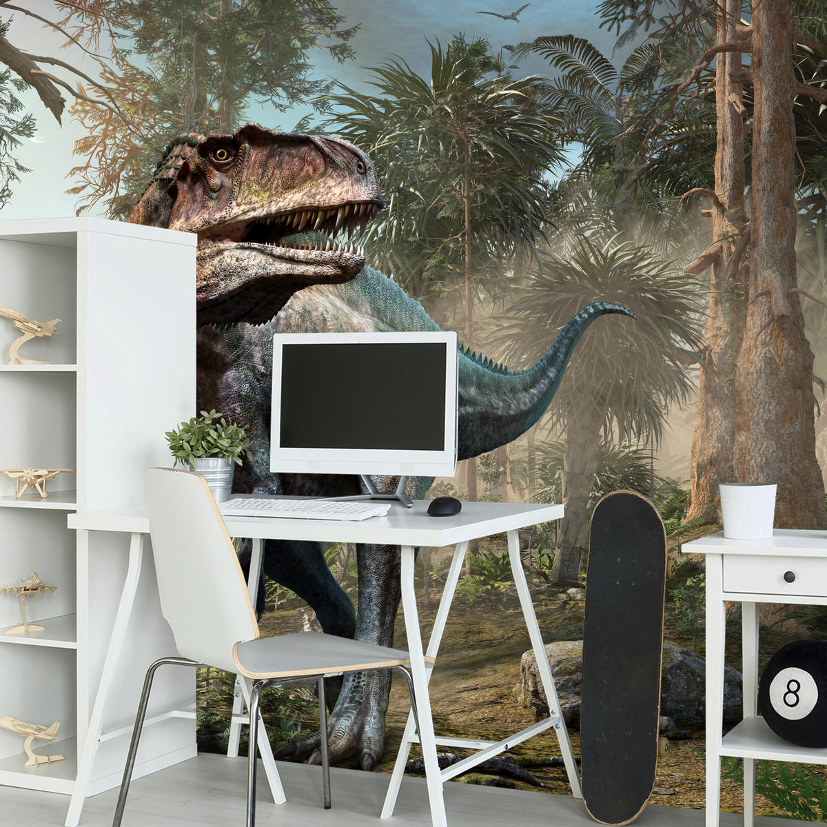 FOTOTAPETE für Jugendzimmer Realistischer Dinosaurier Dschungel Palmen 350x256 - Beige/Schwarz, Papier (350/256cm) - Muralo