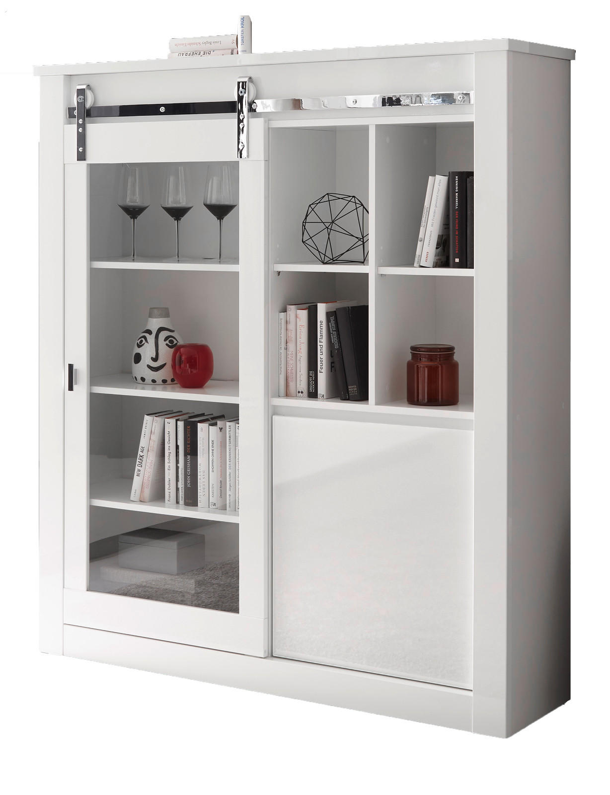 Furn.Design Vitrine Weiß Hochglanz, Chrom 133x153x38 cm