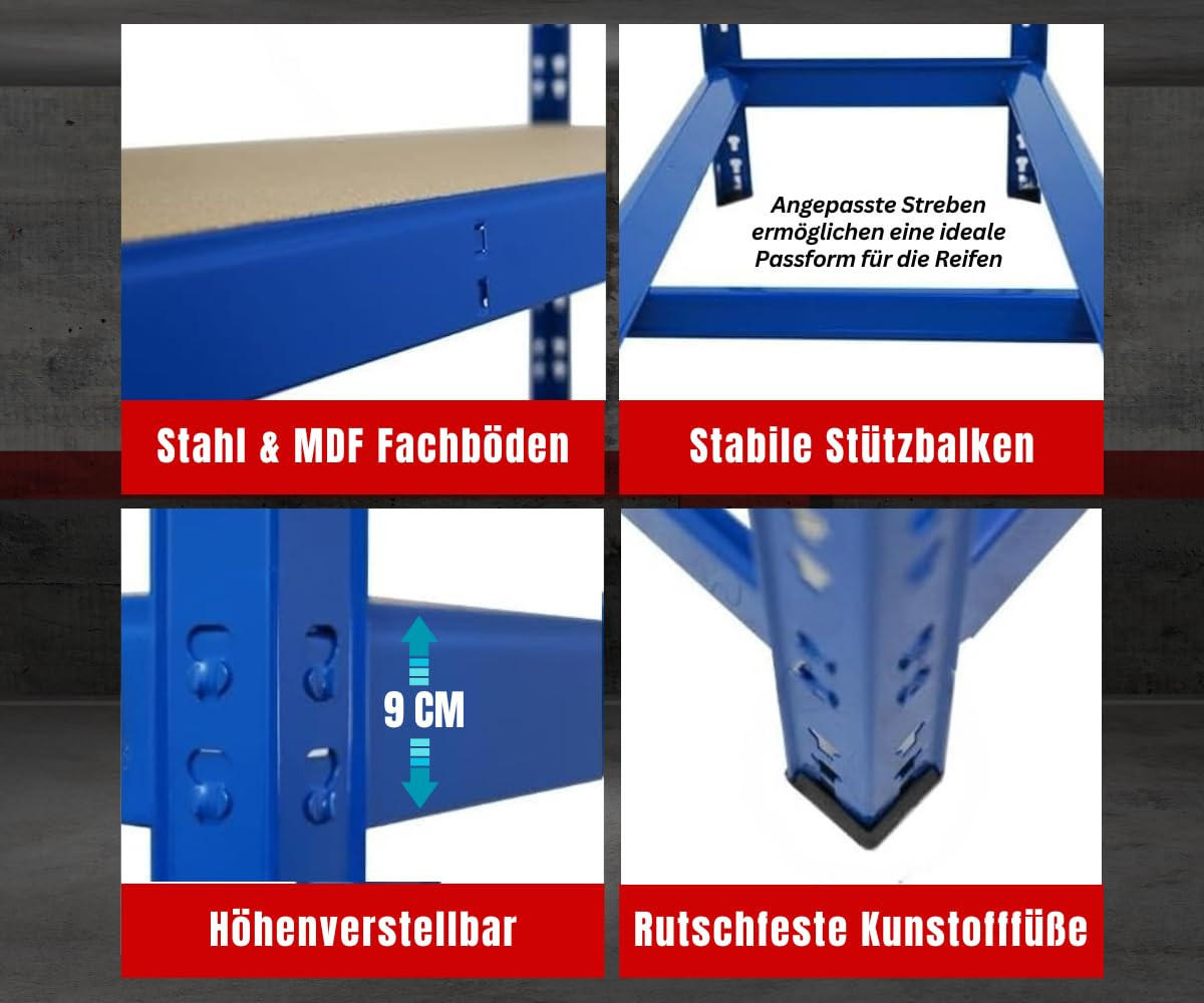 REIFENREGAL Tiger 180x120x40 cm bis zu 6 Reifen auf 1 Ebene + 3 Ablagen Blau - Blau, Metall (120/180/40cm) - PROREGAL