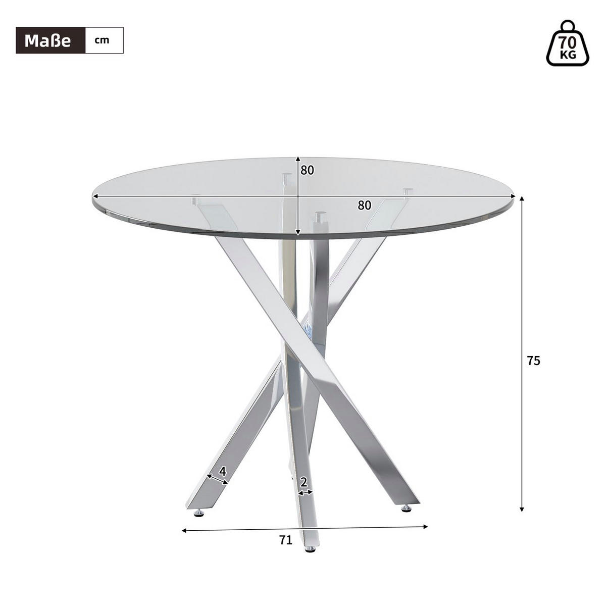 GLASESSTISCH 80/80/75 cm in Silber – modern für 2–4 Personen - Silberfarben, Glas (80/80/75cm) - BEAOK