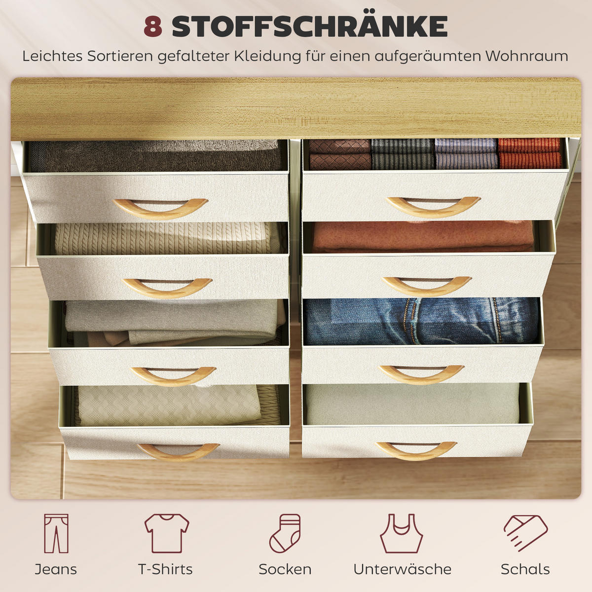 KOMMODE Schrank mit 8 Schubladen aus Stoff, Haken, Seitentasche, Stahlrahmen - Beige/Naturfarben, Holz/Textil (30/94.5/86cm) - HOMCOM