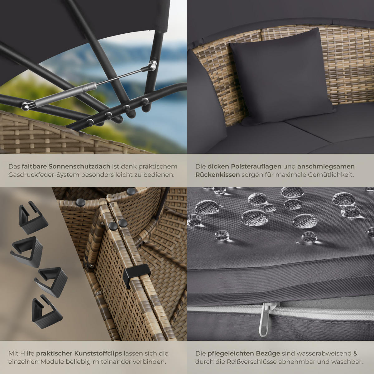 RATTAN SONNENINSEL Santorin,variabel aufstellbar,natur - Naturfarben, Kunststoff (171/136/175cm) - tectake