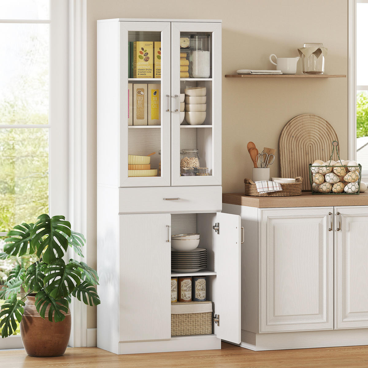 HIGHBOARD DE-11261 2 Glastüren & Schublade mit verstellbaren Böden Weiß - Weiß, Holzwerkstoff (35/180/60cm) - ComfortXL