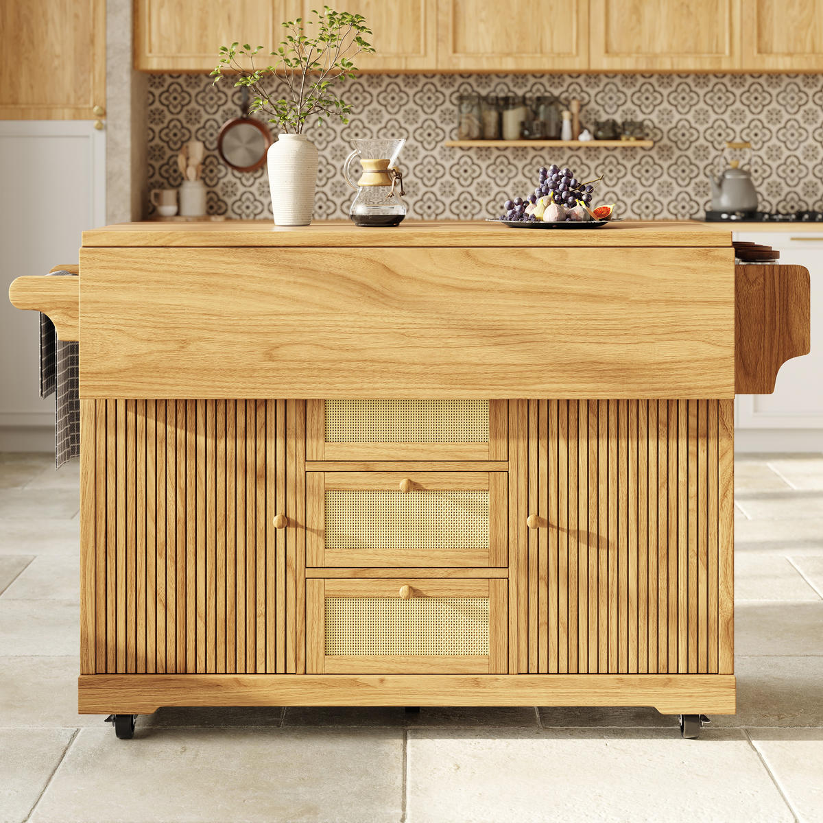 KÜCHENINSEL Ausklappbar PE Rattan Naturbraun - Naturfarben, Holzwerkstoff (142.5/95/80cm) - FLIEKS