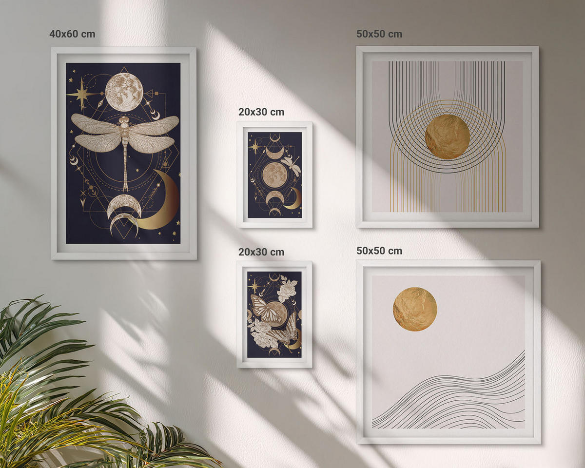 WANDBILDER 5er-Set - 50x50 cm & 20x30 cm & 40x60 cm Weißer Rahmen - Naturmotive mit dem Mond - Weiß, Kunststoff (40/60cm) - ArtPrintCave