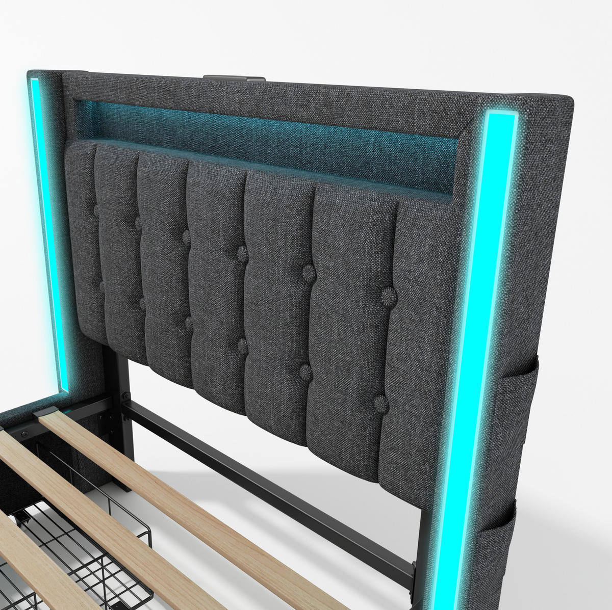 POLSTERBETT mit LED, USB und 2 Schubladen 90x200 cm Grau mit Matratze - Grau, Metall (90/200cm) - Meubliv