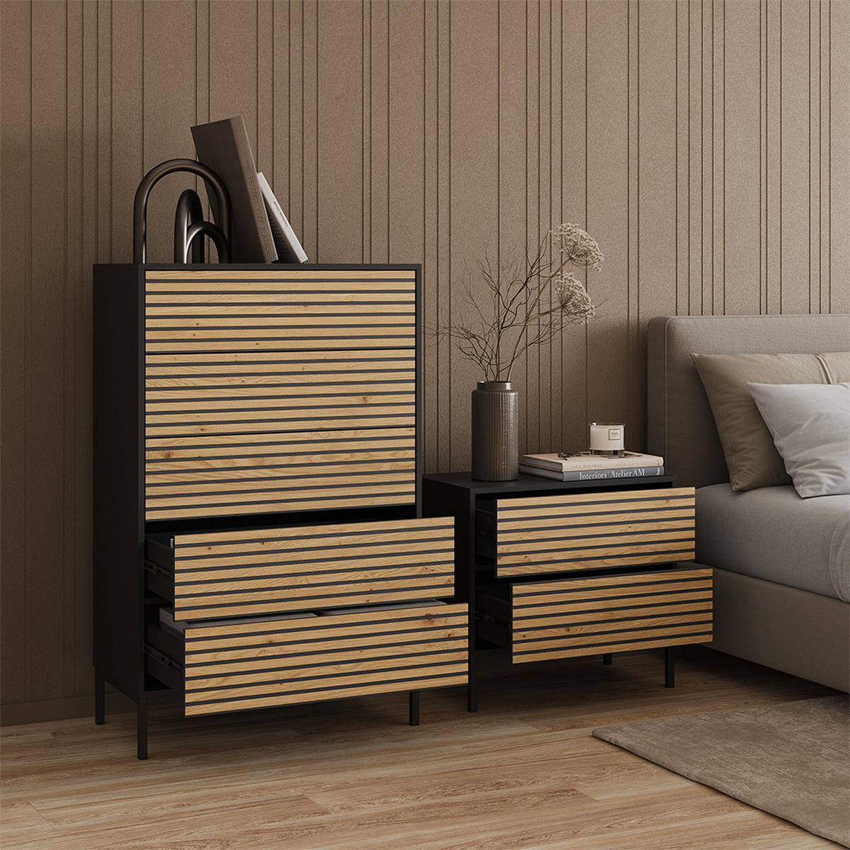 NACHTTISCH Aterno Goldkraft Eiche/Anthrazit 2er set - Honigeiche/Anthrazit, Holzwerkstoff (66/60/36cm) - Livinity®
