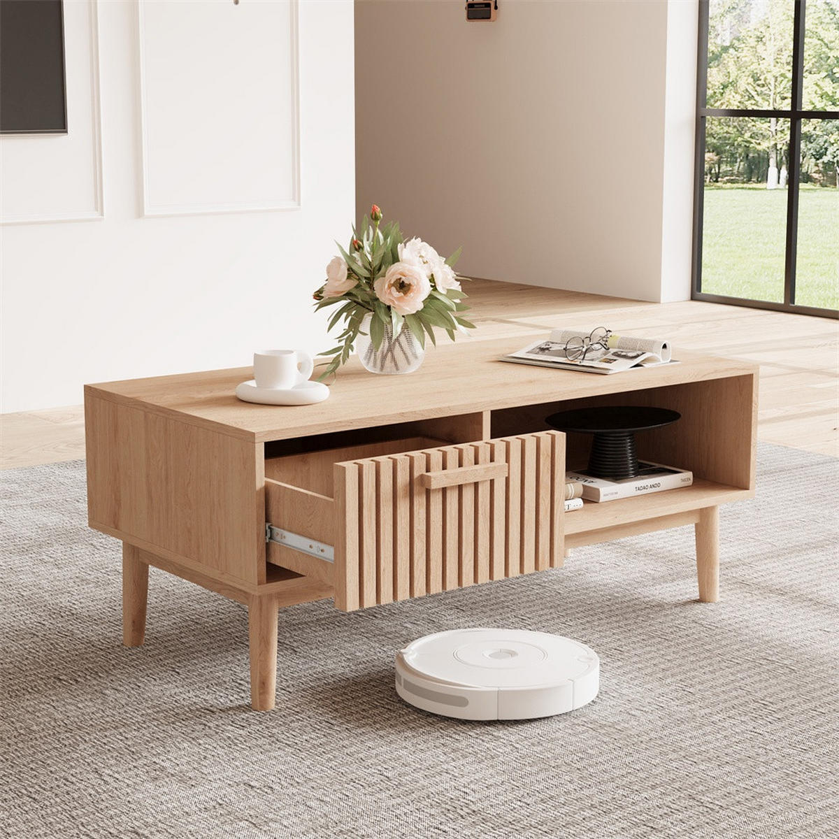 COUCHTISCH im skandinavischen Stil - mit 1 Schublade und offenem Fach - Eichefarben, Holzwerkstoff (100/50/43cm) - DELFA
