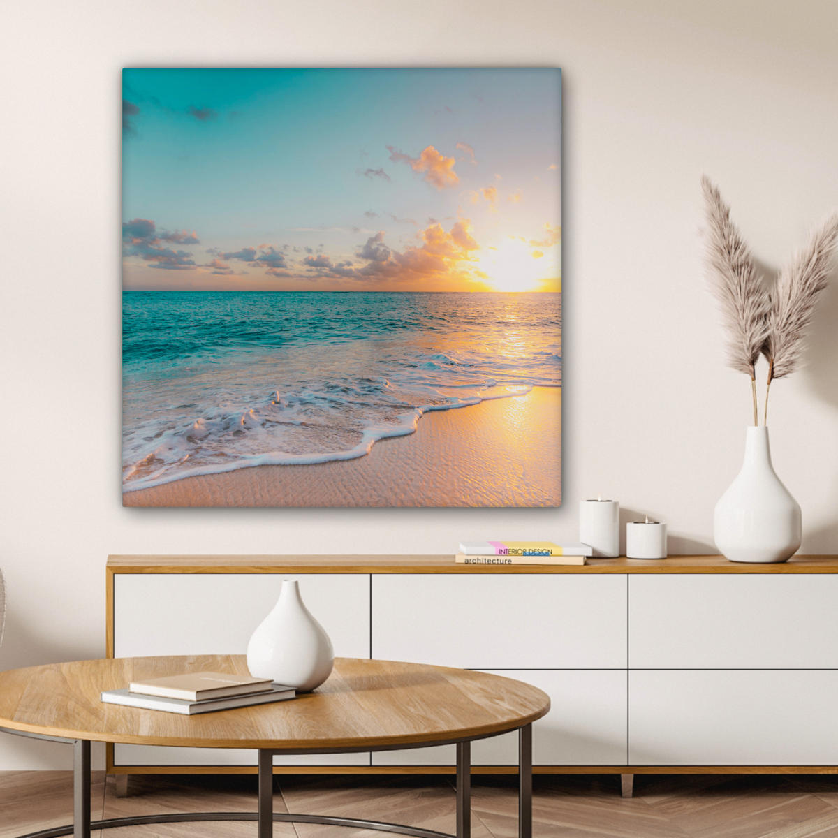 LEINWANDBILD - Sonnenuntergang - Strand - Meer - Sommer - Blau - 90x90 - Gemälde - Multicolor, Textil (90/90cm) - MuchoWow