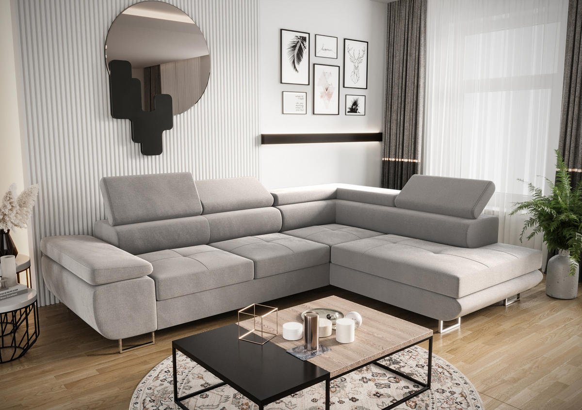 ECKSOFA PRAGA DESIGN L, Eckcouch in L-Form mit Schlaffunktion, Farbe: Hellgrau, Velourstoff, Ottomane Universal - Grau, Textil (275/202cm) - O-Sofa