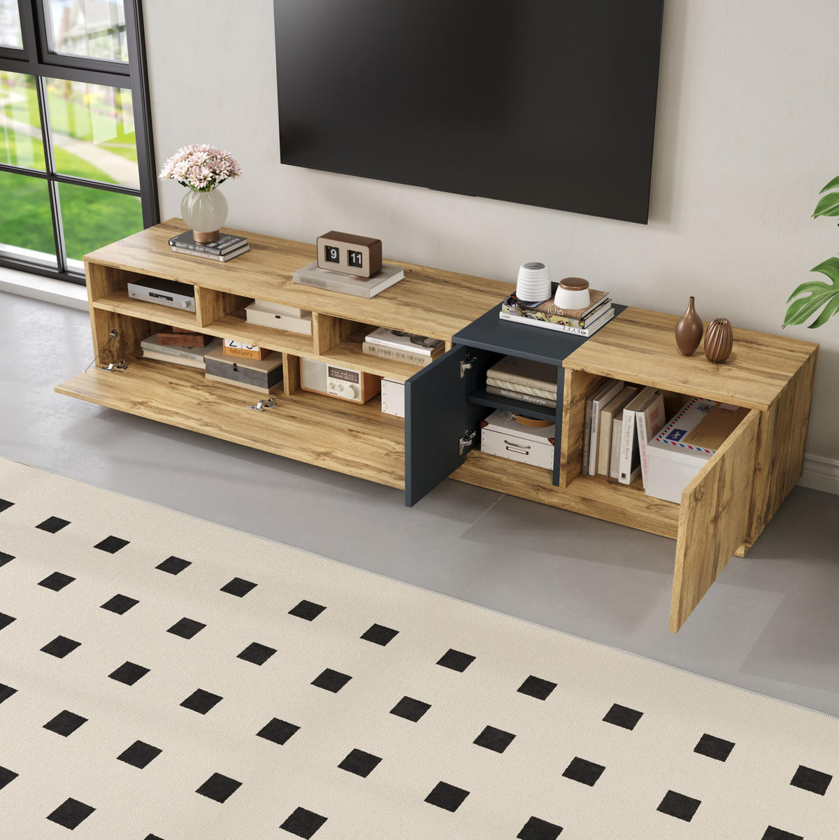 TV-LOWBOARD aus Spanplatte 200x45x45 cm Schwarzgrau in Holzoptik mit Kabeldurchlässen und Stauraum - Schwarz, Holzwerkstoff (200/45/45cm) - IVMEU
