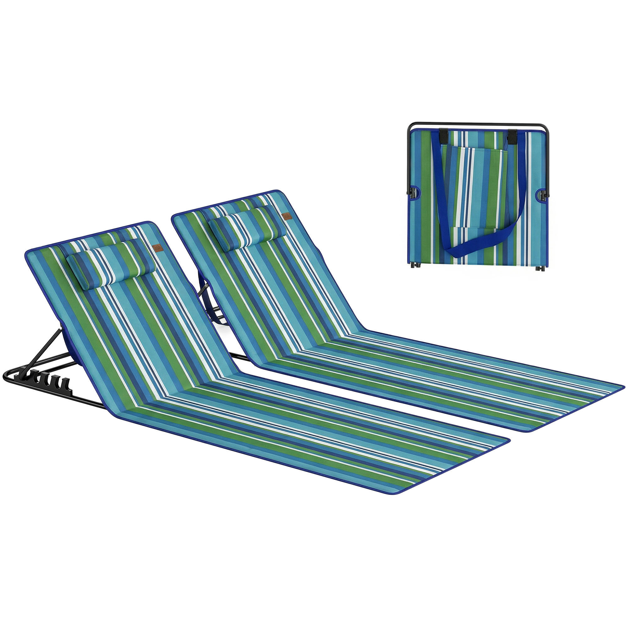 2ER Set Strandmatte mit Verstellbarer Rückenlehne klappbar leicht Strandliege mit Kopfkissen Aufbewahrungstasche - Multicolor, Metall (154/52/57cm)