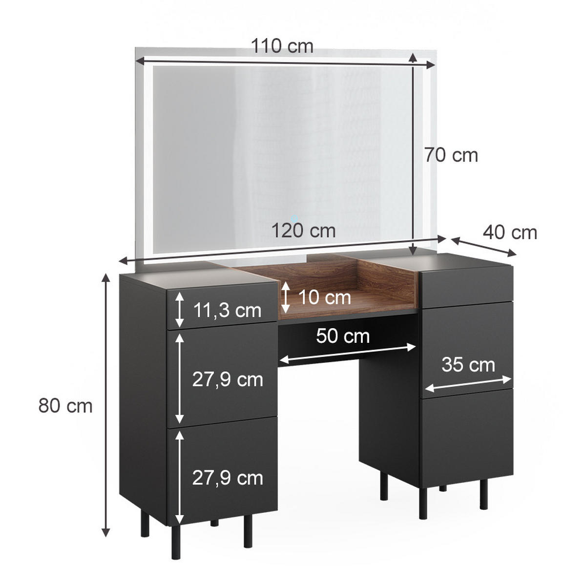 SCHMINKTISCH Anika Anthrazit 120 cm mit LED-Spiegel - Anthrazit/Walnussfarben, Holzwerkstoff (120/80/40cm) - Vicco