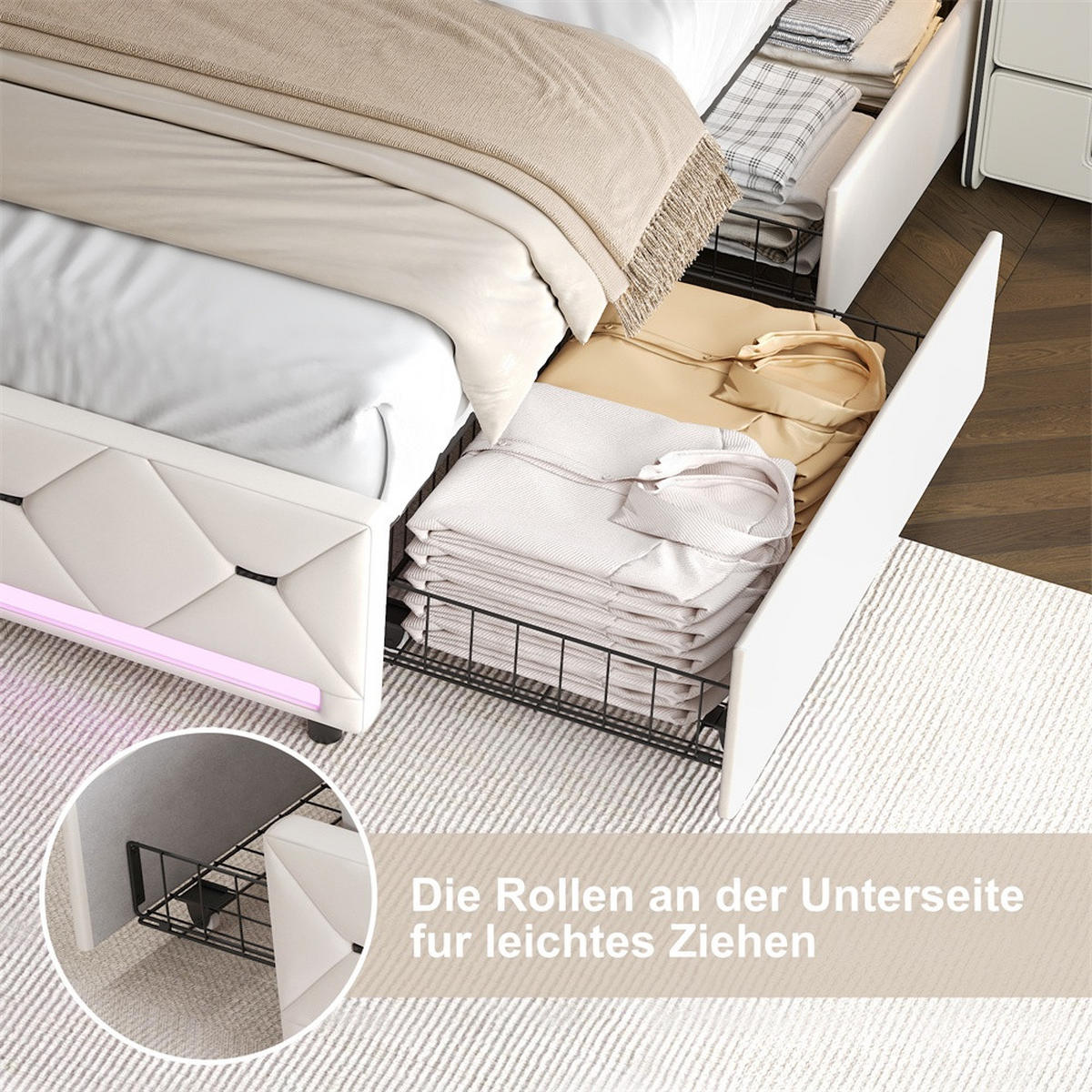 POLSTERBETT 140x200 cm - Doppelbett mit 4 Schubladen und LED-Beleuchtung an Kopfteil und Fußteil - ohne Matratze - Beige, Textil (140/200cm) - DELFA