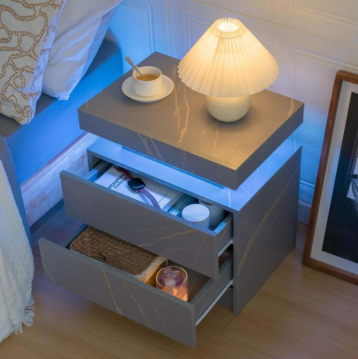 NACHTTISCH 50/53/36 cm mit LED-Beleuchtung & 2 Schubladen in Grau/Gold - Grau, Holzwerkstoff (53/36/50cm) - BEAOK