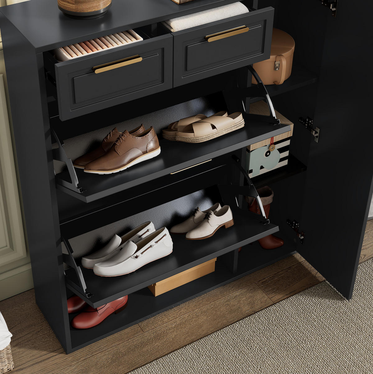 SCHUHSCHRANK 95/24/107 cm in Schwarz mit Schubladen und verstellbaren Regalen - Schwarz, Holzwerkstoff (95/107/24cm) - Flora Grace