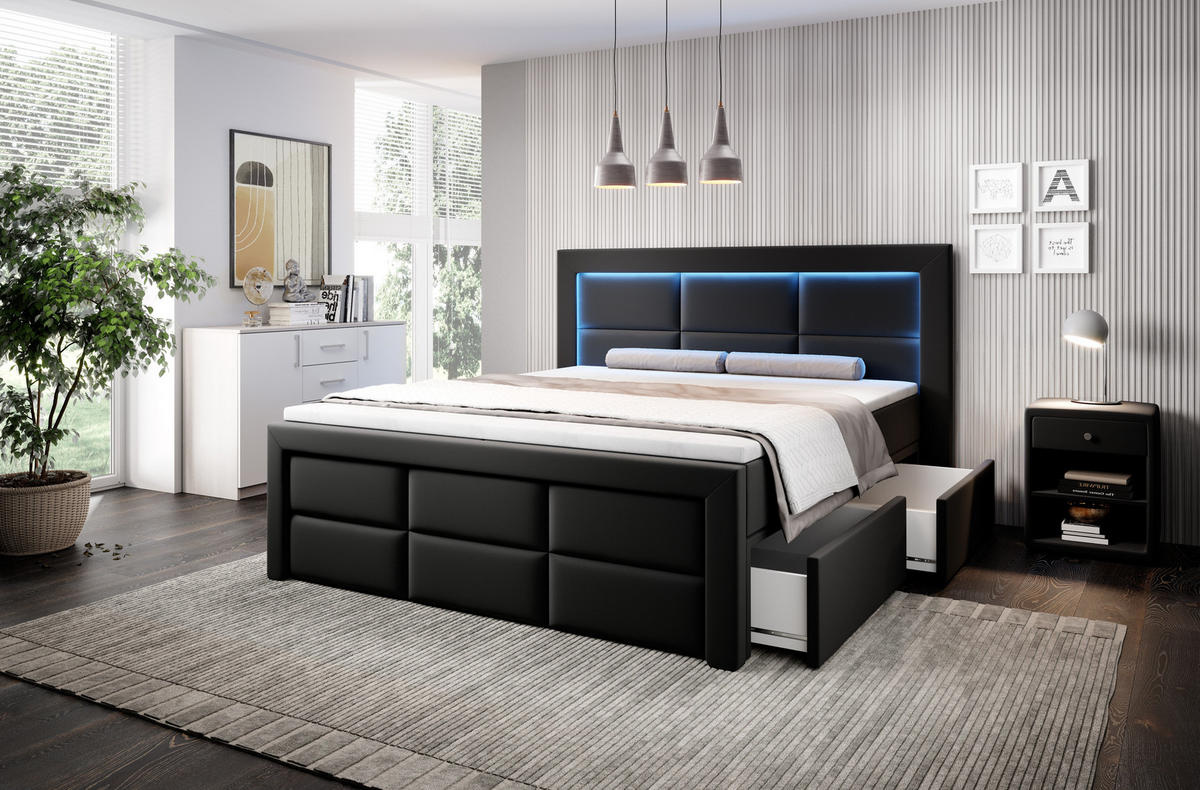 BOXSPRINGBETT Aspen mit Schubladen und Topper, LED-Beleuchtung, Kunstleder, 180x200 cm, Schwarz - Schwarz Hochglanz, Holz - PROMETO Möbel