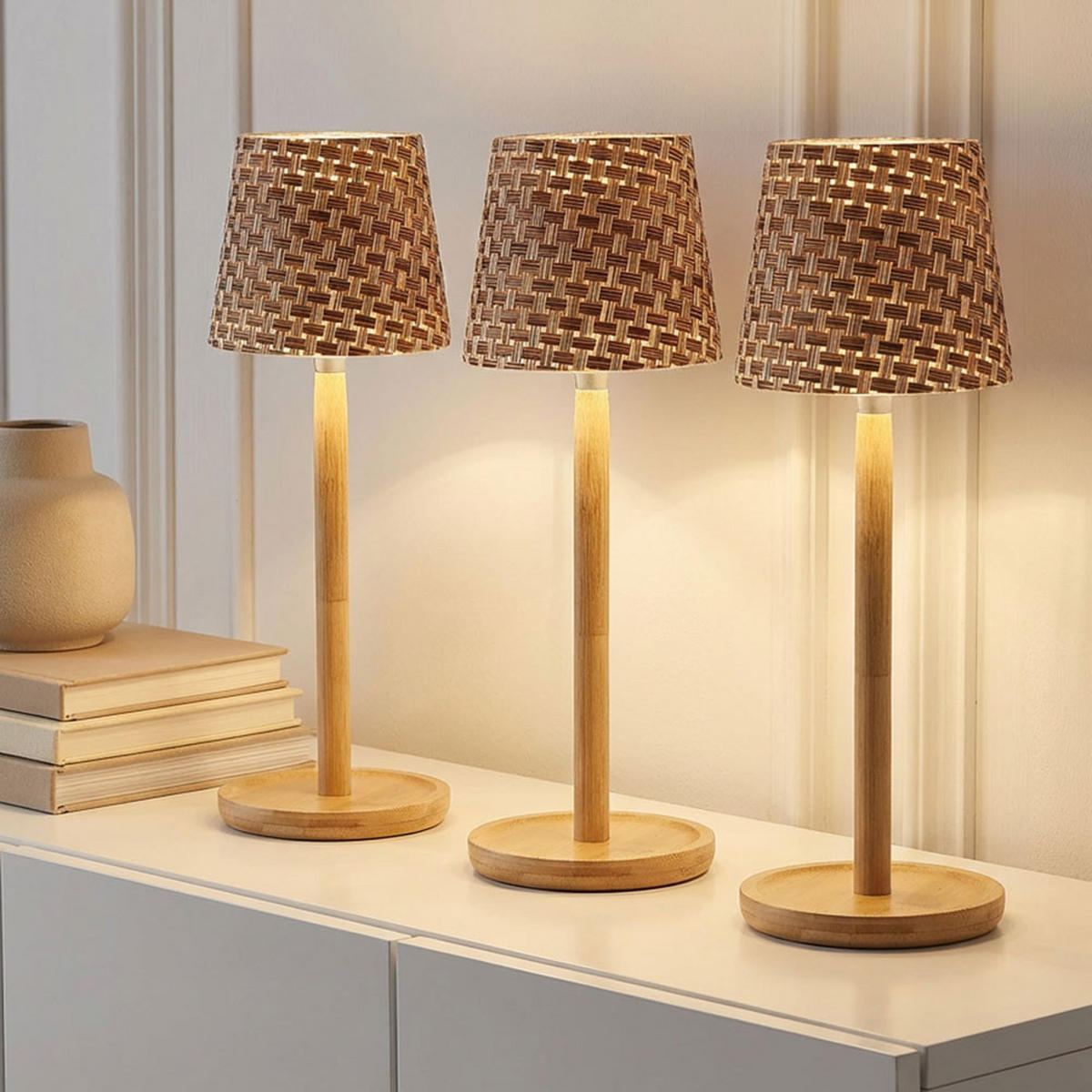 TISCHLEUCHTE Bambus Braun, LED, Touchdimmer, 3er Set - Braun, Holz (40.4/10.9/33cm) - Globo Lighting