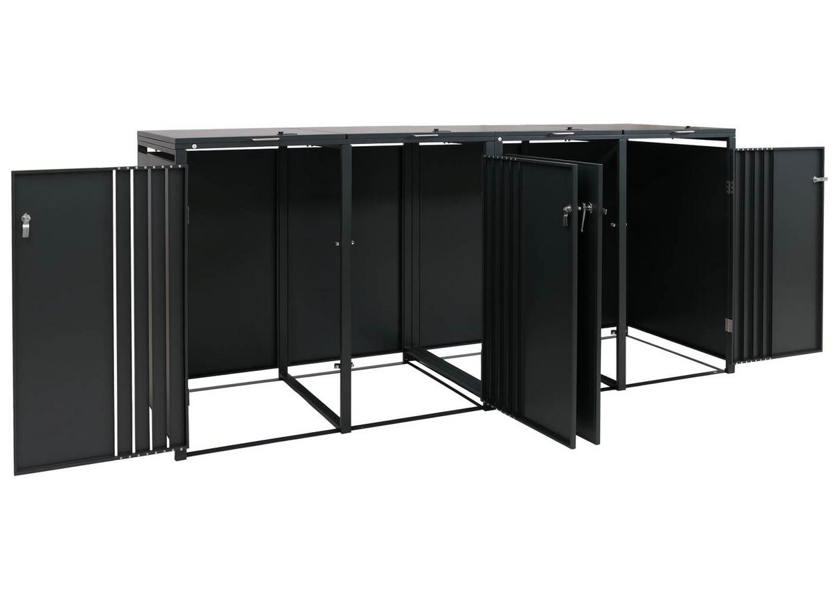MÜLLTONNENBOX 4er mit Deckel HxBxT 122x250x84cm Anthrazit Holzoptik hell - Anthrazit, Metall (250/122/84cm) - PROREGAL