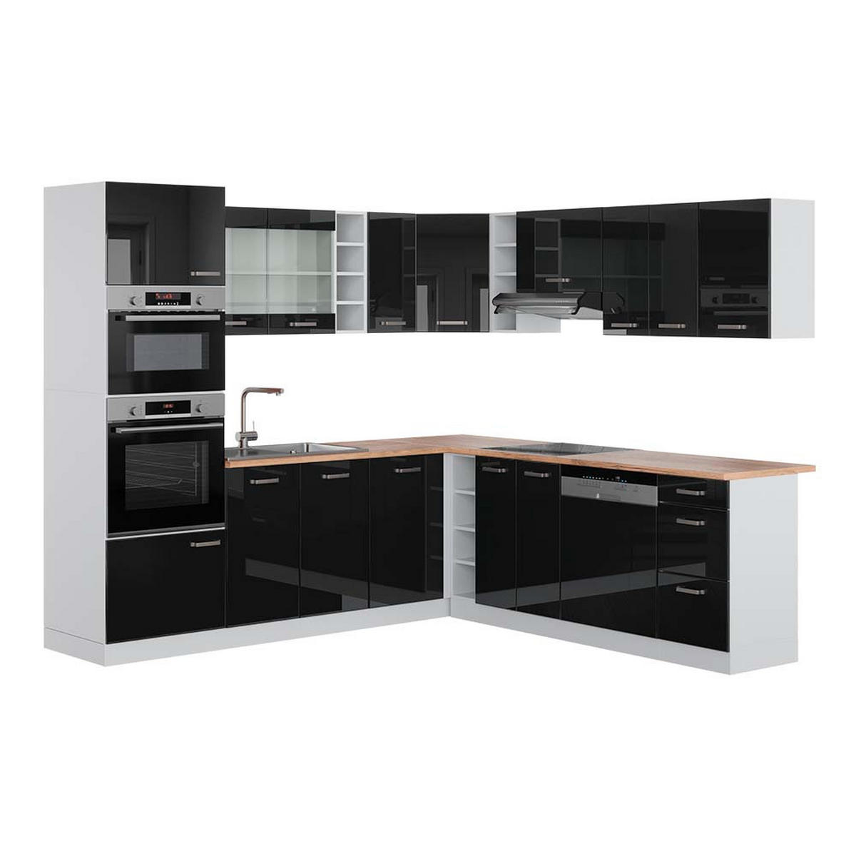 ECKKÜCHE IN L-FORM R-Line Schwarz Hochglanz/Weiß 237 x 247 cm AP Eiche - Schwarz Hochglanz/Weiß, Holzwerkstoff (247/81.6/60cm) - Vicco