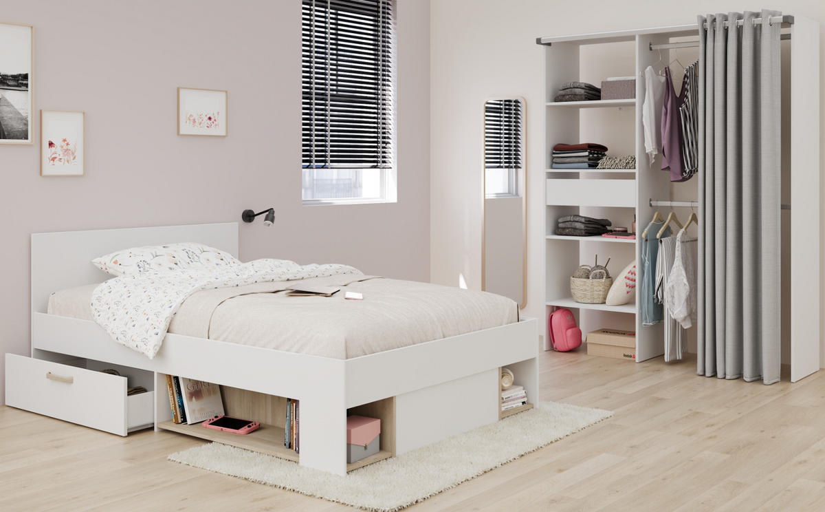 STAURAUMBETT weiß, Eiche Liegefläche 120 x 200 cm, Bett inklusive Bettschubkasten - Eichefarben/Weiß, Holzwerkstoff/Metall (120/200cm) - Parisot Meuble