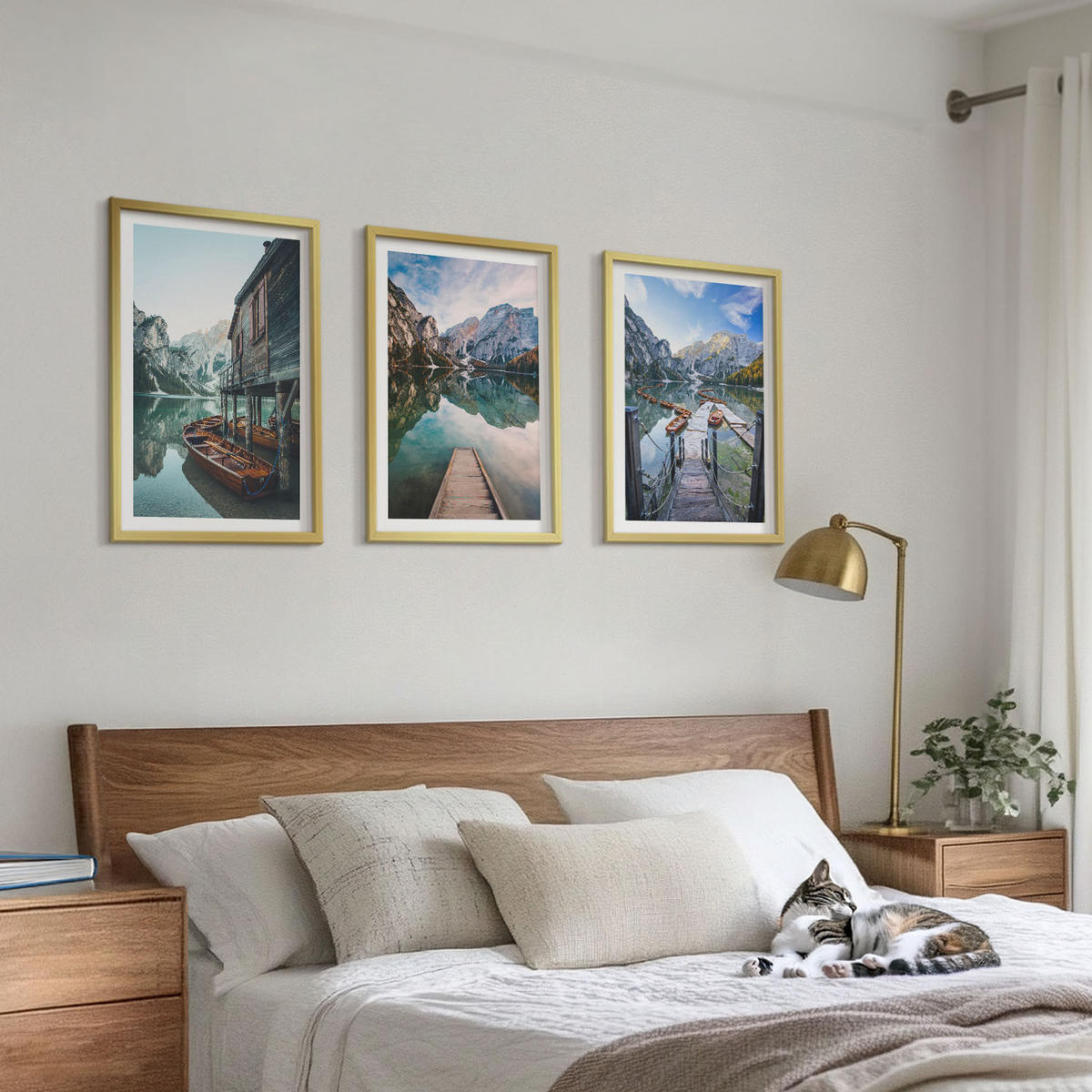 BILDER SET 3er Set - 40x60 cm Goldrahmen - See Berge Holzboote - Goldfarben, Kunststoff (40/60cm) - TULUP