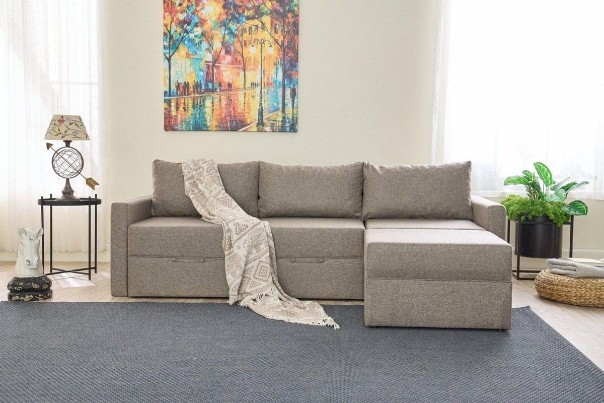 ECKSCHLAFSOFA mit Hocker - Taupe/Schwarz, Holz/Kunststoff (230/180cm) - myHomelando