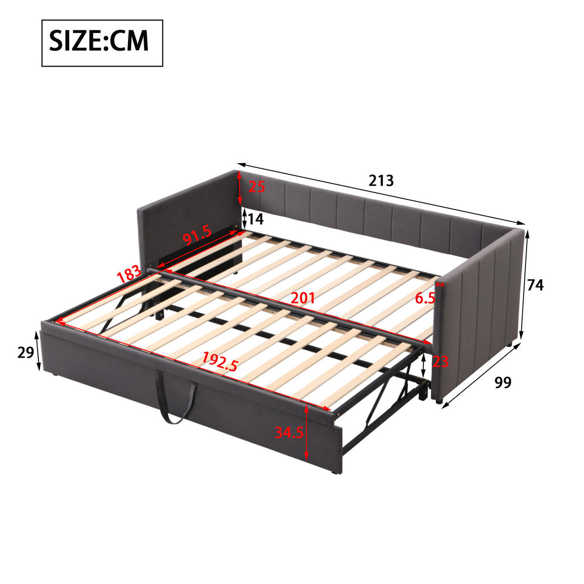 AUSZIEHBETT 90/180/200 cm DE-01586, in Grau - Grau, Holzwerkstoff (90/200cm) - ComfortXL