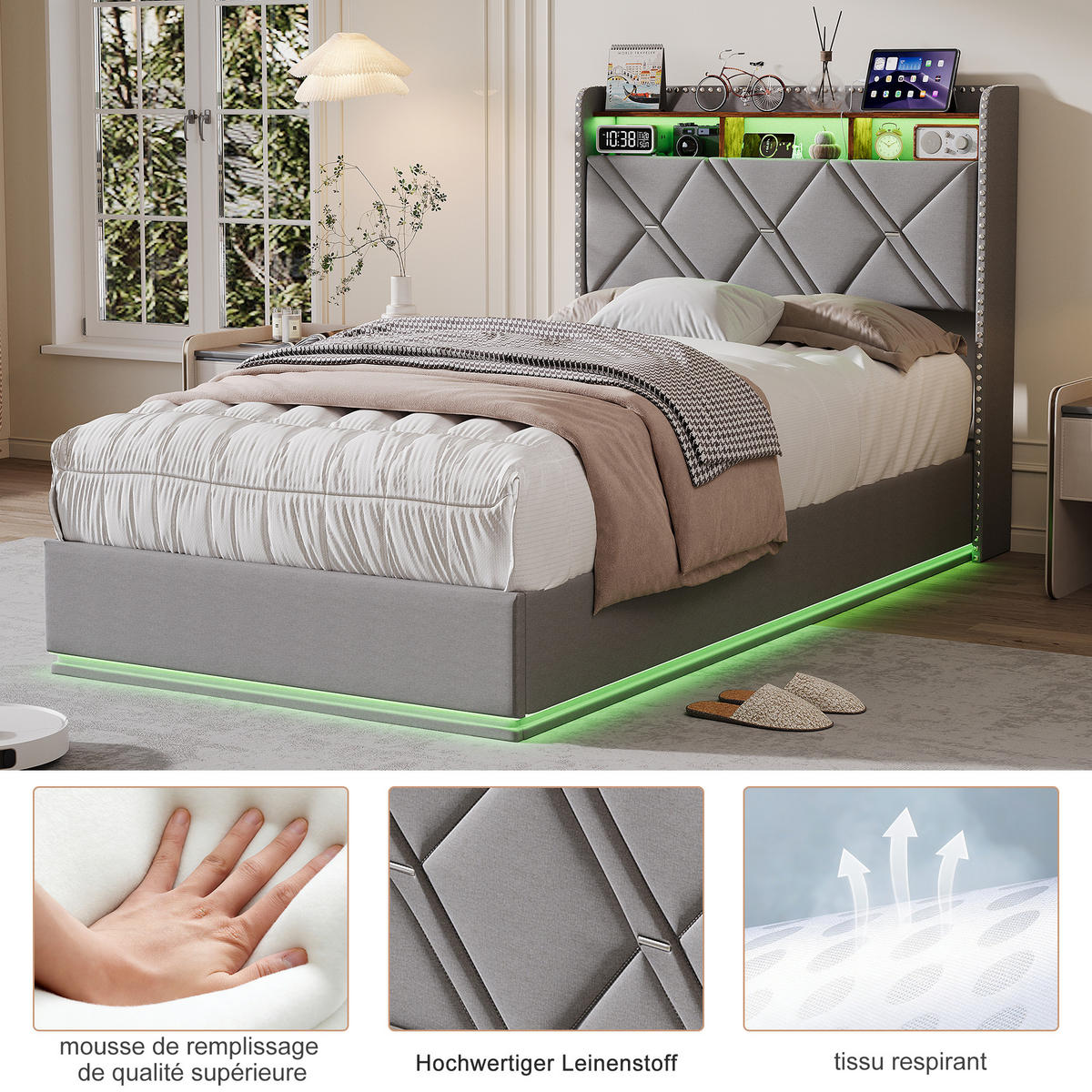 POLSTERBETT 90/200 cm Grau mit hydraulischem Stauraum, LED mit Ablage und USB - Grau, Metall (90/200cm) - EuroLiving