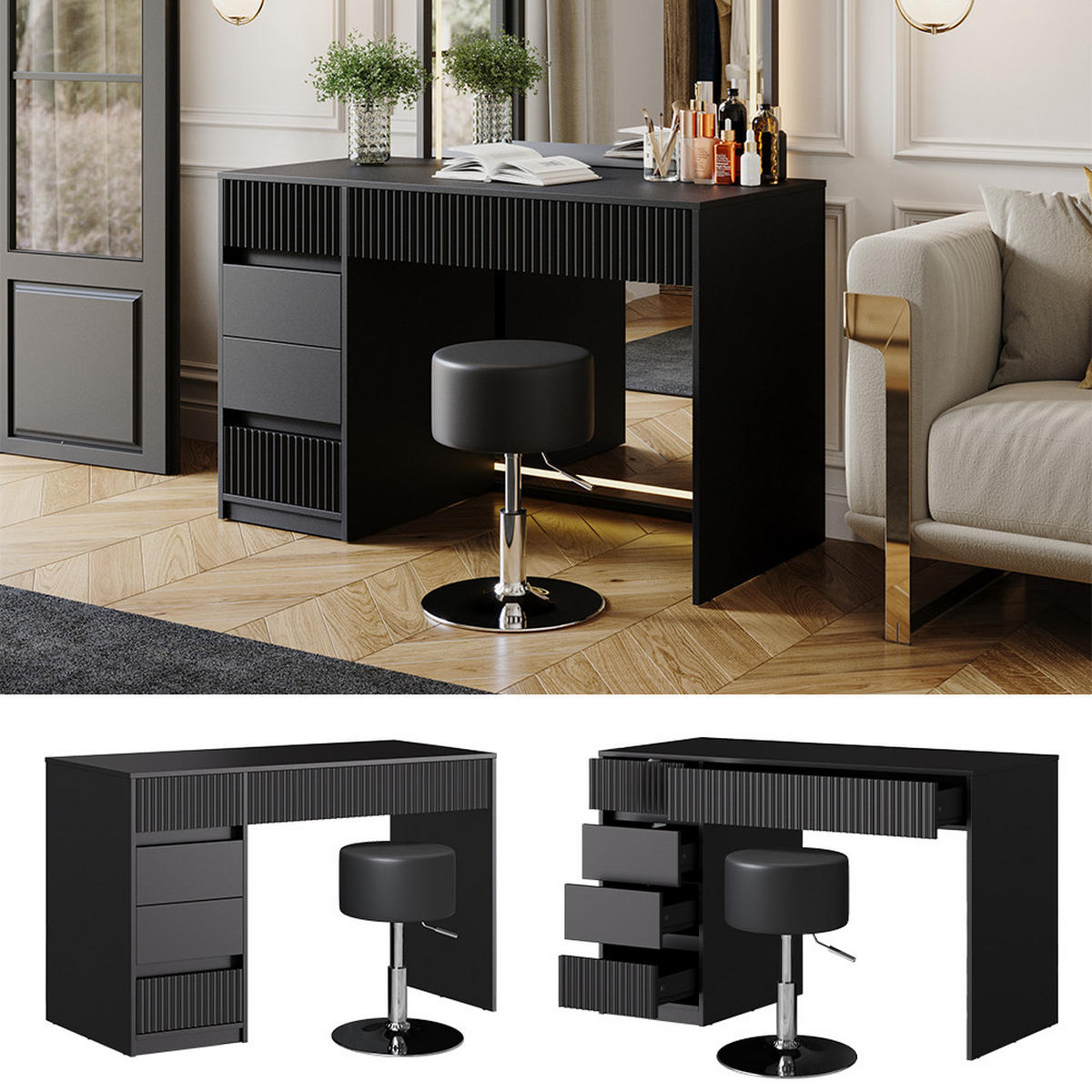 SCHMINKTISCH Omira Schwarz 120 cm mit Hocker - Schwarz, Holzwerkstoff (120/76/55cm) - Vicco