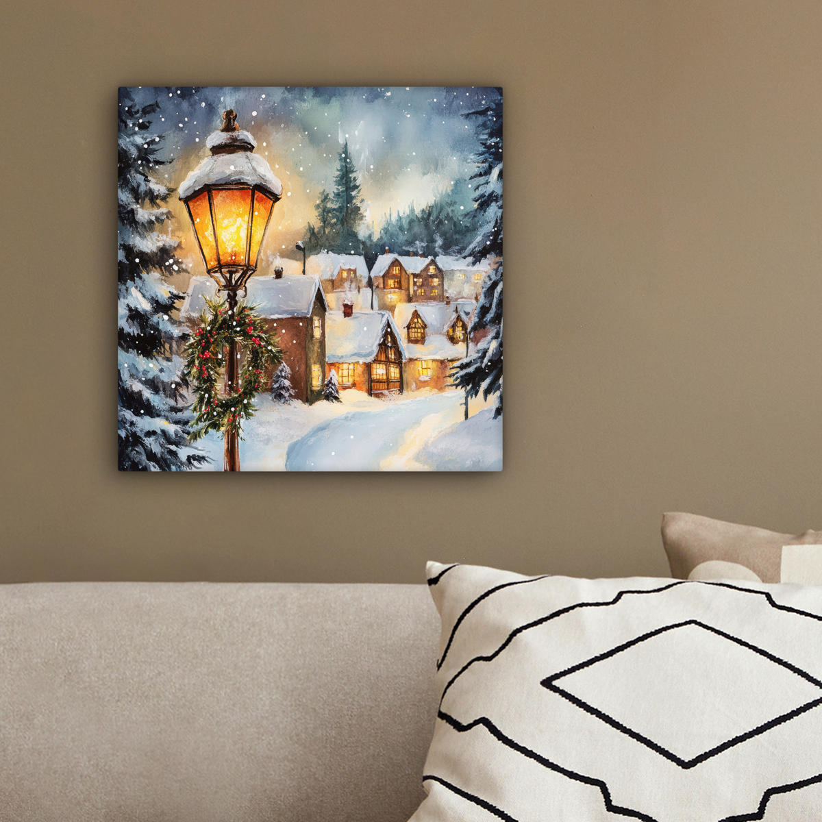 LEINWANDBILD Weihnachtsdorf - Häuser - Schnee - Weihnachten 20x20 cm - Sandfarben, Textil (20/20cm) - MuchoWow