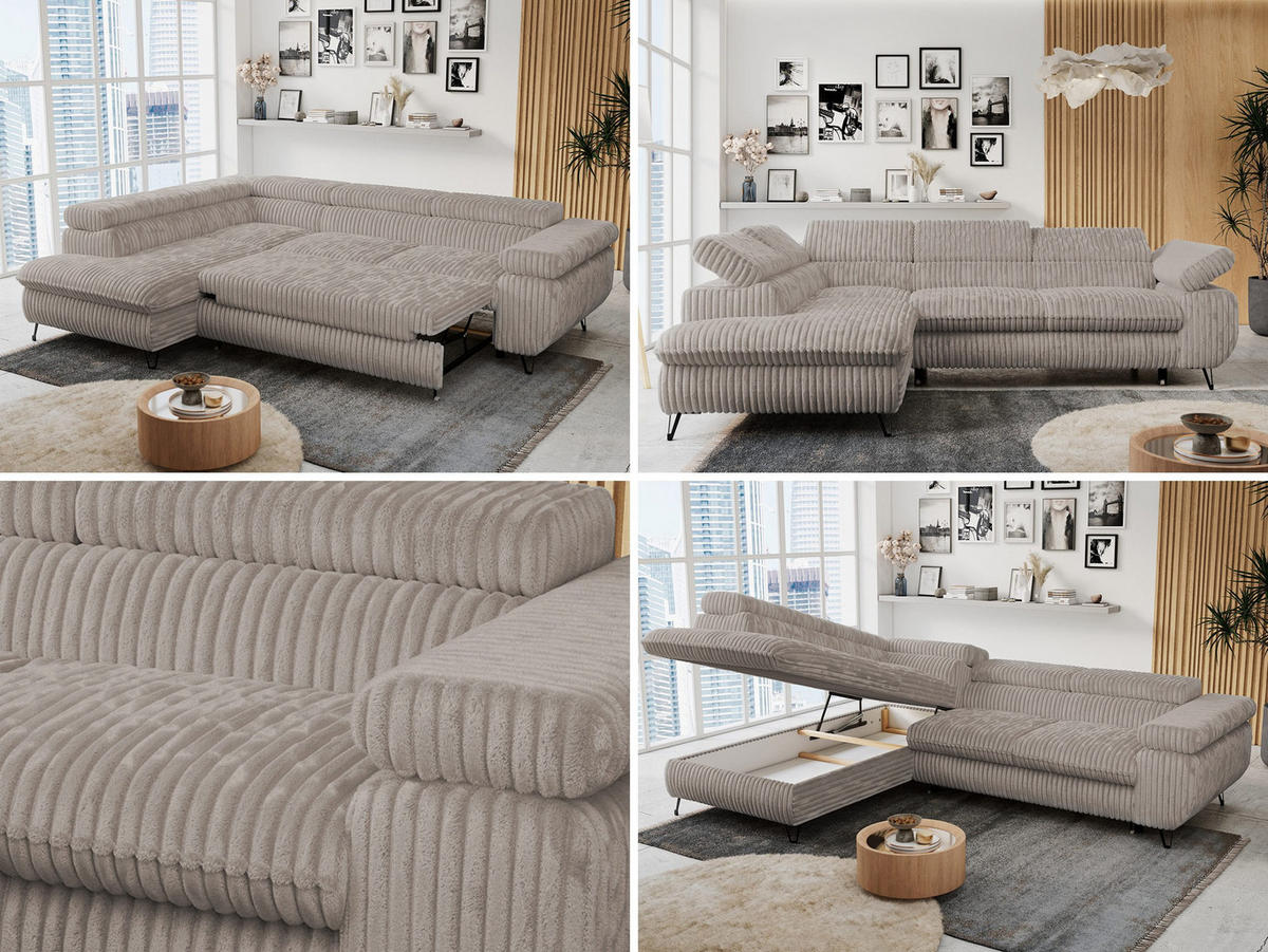 ECKSOFA PETER L Hellbraun Cord - Links Seite - Hellbraun/Schwarz, Textil/Metall (208/273cm) - MKS