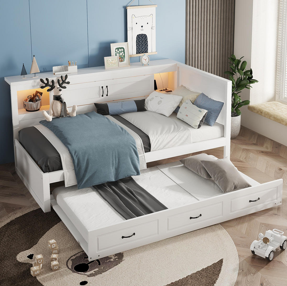 POLSTERBETT aus Spanplatte und MDF 90x200 cm in Weiß mit LED & Ausziehbett - Weiß, Holzwerkstoff (90/200cm) - Modfu