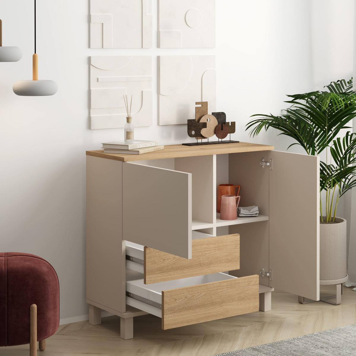 SIDEBOARD with 2 doors and 2 drawers, cashmere and oak decor, 35/82,4/87,2 cm - Beige, Holzwerkstoff (35/82.4/10cm) - Calicosy
