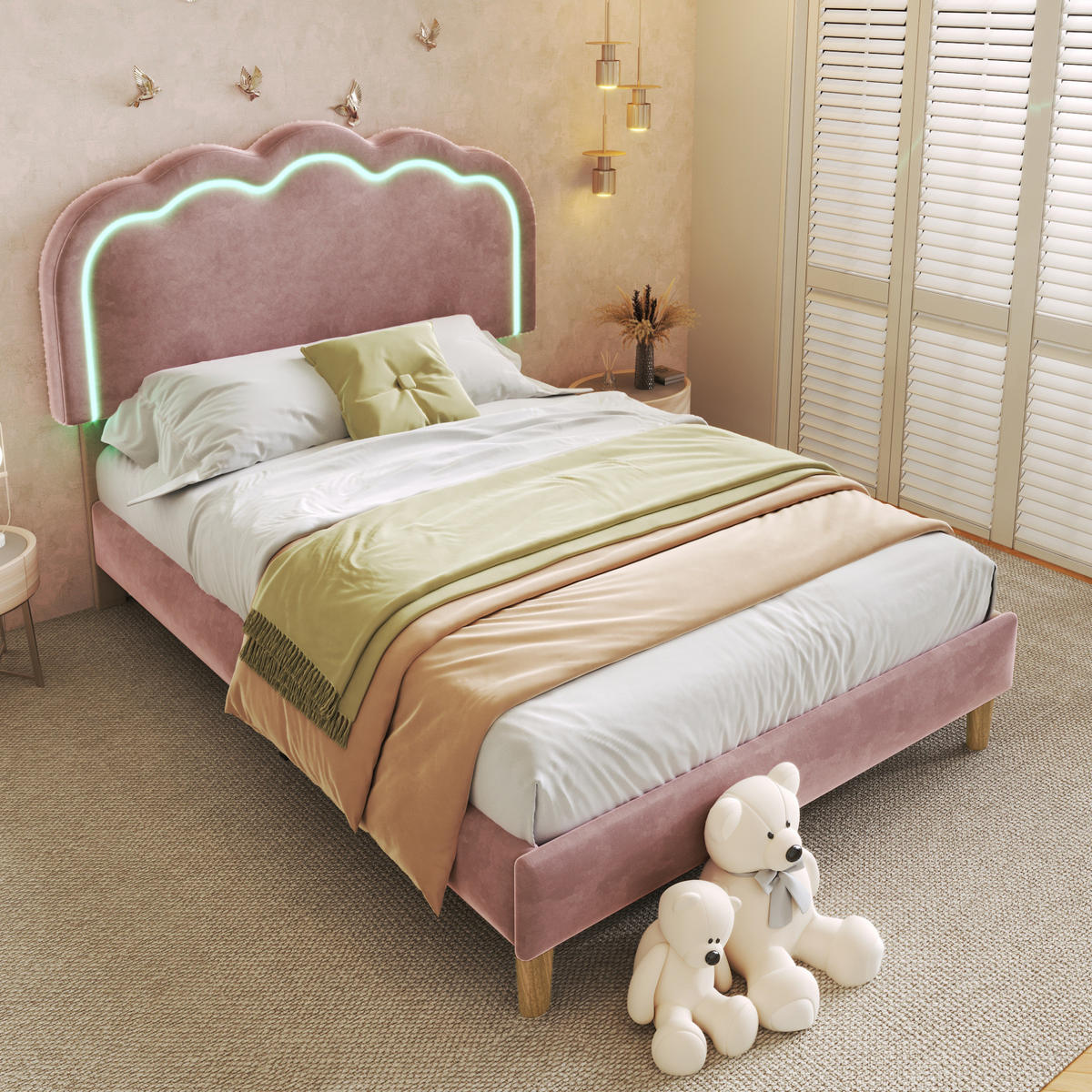 POLSTERBETT 90/200 cm aus Samt mit LED-Kopfteil und verstellbarer Höhe Rosa - Pink, Textil (90/200cm) - Modenvie