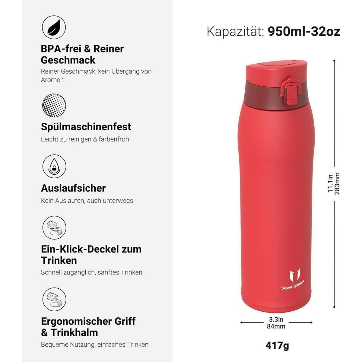 THERMOSFLASCHE Edelstahl 950 ml Ziegelrot - Rot, Metall (8.4/8.4cm)