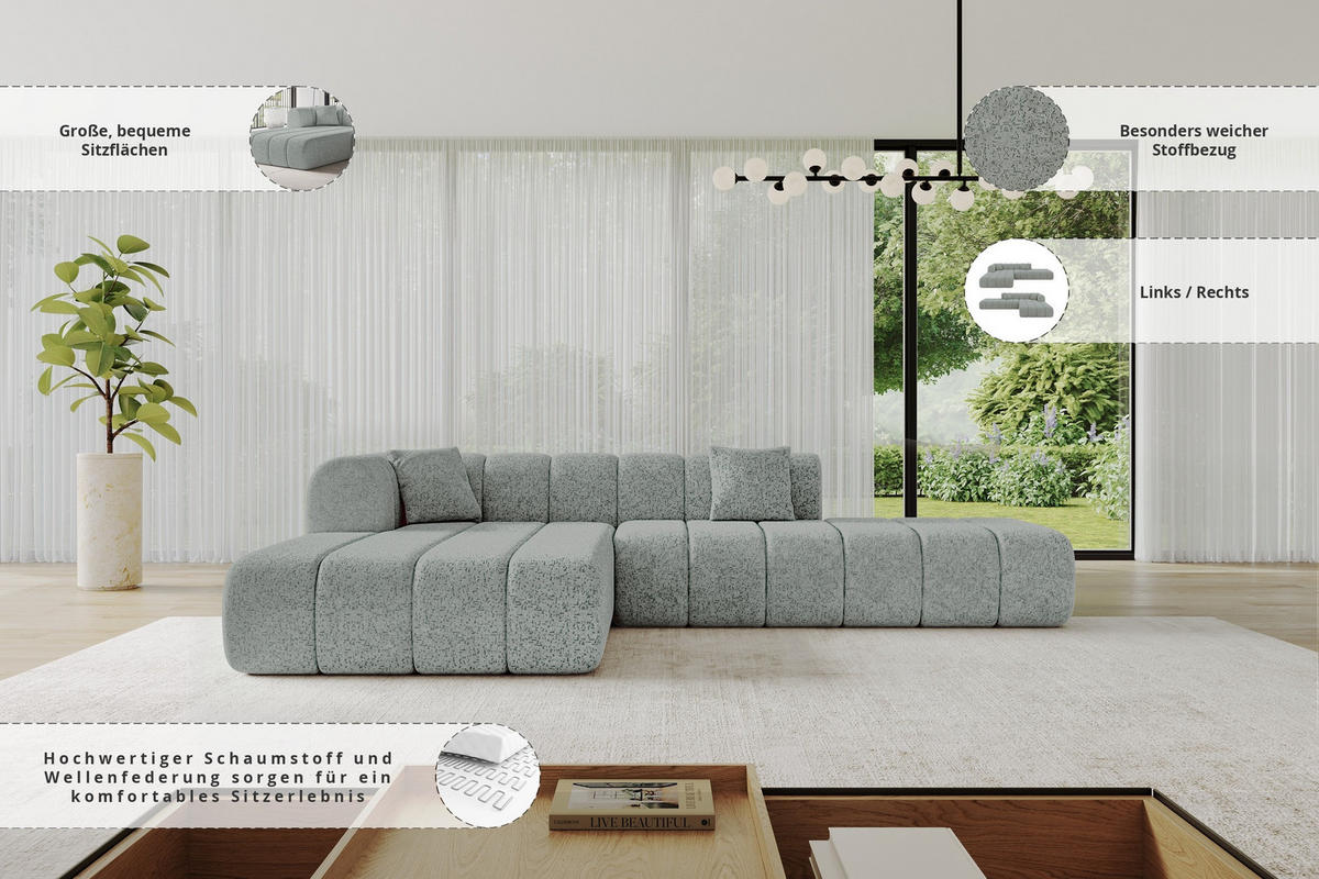 ROHOVÁ SEDAČKA s otomanem, levá BILA-L 289x176x71 Zelená Žinylka - černá/mátově zelená, kompozitní dřevo/textil (176/289cm) - ALTDECOR